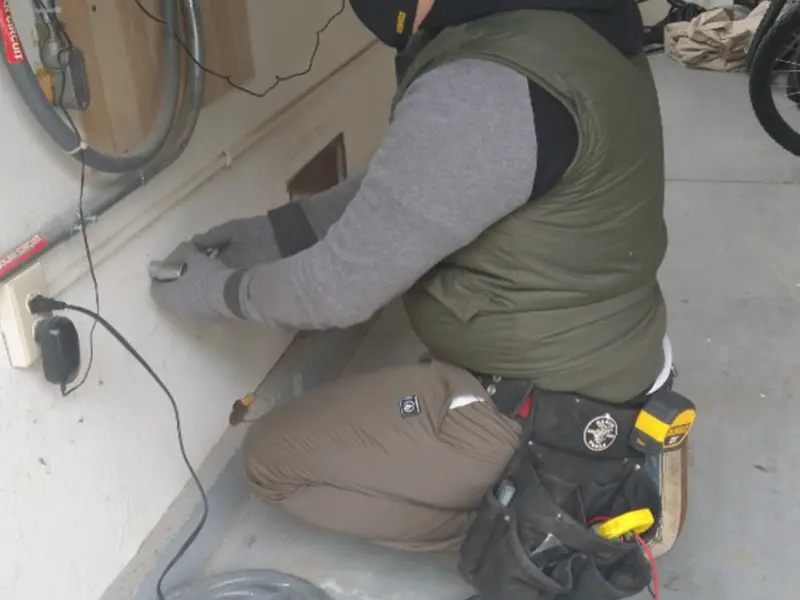 Electrician performing outlet wiring in a Palm Coast garage